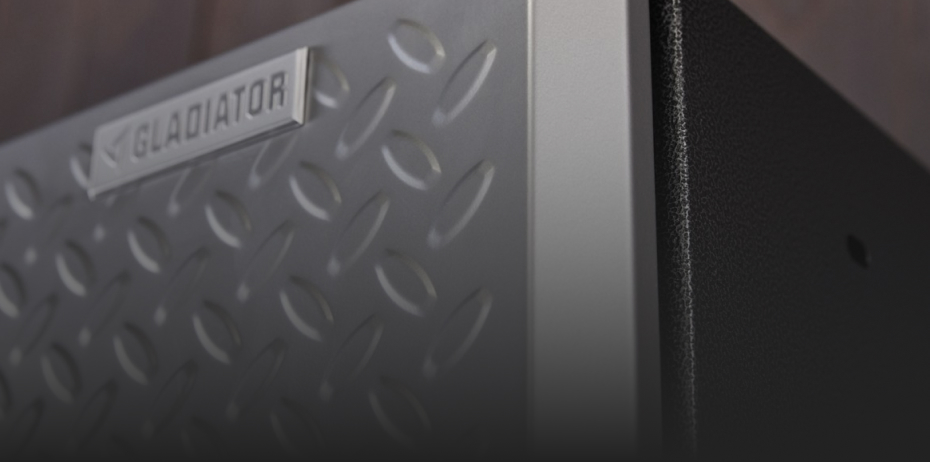 The corner of a Gladiator Cabinet with a plaque with the word, GLADIATOR