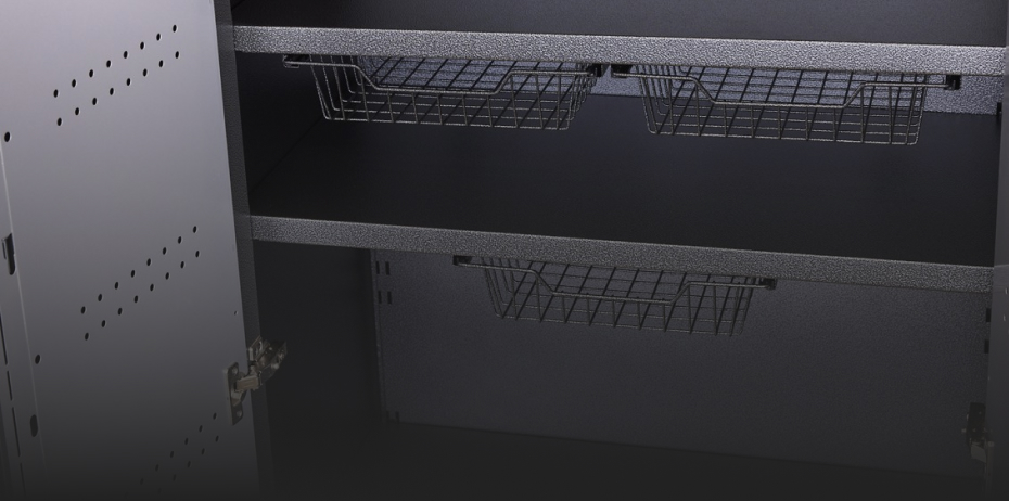 Inside a Gladiator Storage Unit. There are three baskets