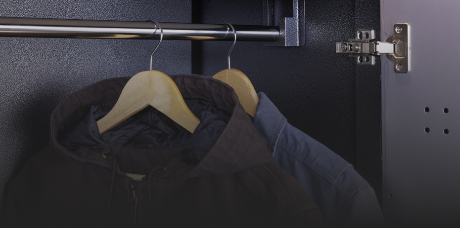 Two jackets hang in a Gladiator Storage Unit