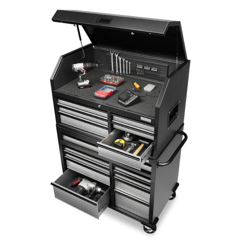 A 41 inch 15-drawer Gladiator Mobile Tool Chest Combo. The lid is open and two drawers are pulled out. Inside are items like a drill, wrenches, a tape measure, mallet and more.