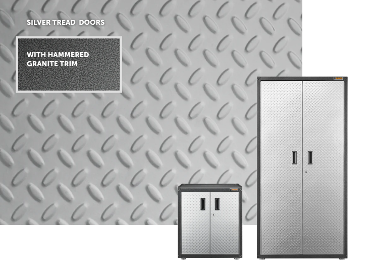 The trim of a Gladiator Storage Cabinet in front of a Gladiator Full-Door Wall GearBox and a Gladiator Extra Large GearBox