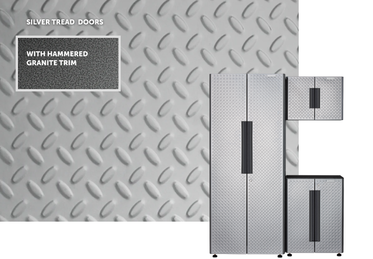 The trim of a Gladiator Storage Cabinet in front of a Gladiator Full-Door Wall GearBox and a Gladiator Extra Large GearBox.