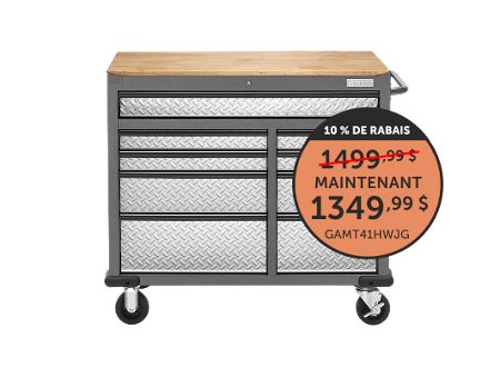 Établi mobile à 9 tiroirs série Premier de 41 po (104.1 cm) avec plateau en bois massif